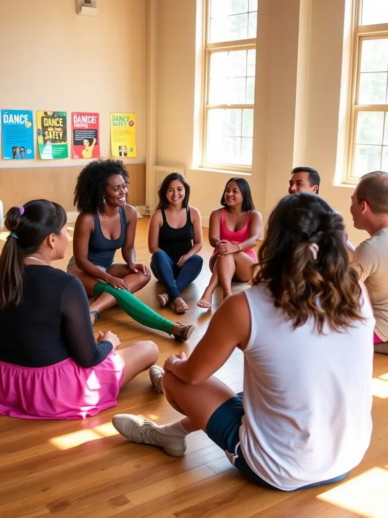 A diverse group of dancers engaged in a lively discussion during a DanceSafe workshop, emphasizing the importance of communication and consent.