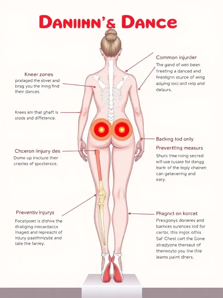 A graphic illustration of a dancer's body with highlighted areas indicating common injury zones (knees, back, shoulders), accompanied by text explaining preventative measures and stretches.