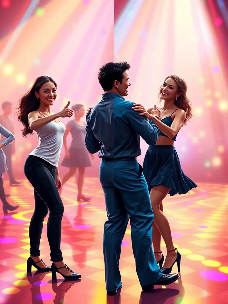 A split-screen image showing two dancers: one confidently communicating their boundaries with a thumbs-down gesture, and the other respecting the boundary with a nod and a smile, set against a backdrop of a dance floor.